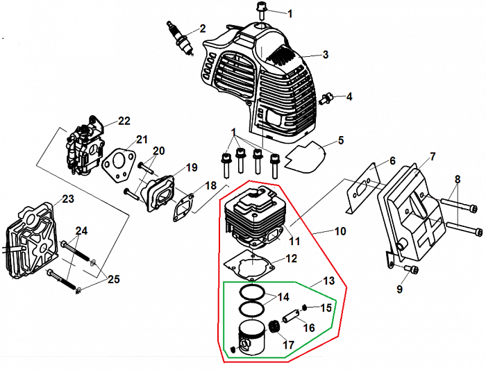 1 ПОРШЕНЬ - ЦИЛИНДР - СВЕЧА - КАРБЮРАТОР - ФИЛЬТР ТРИММЕР CHAMPION Т525