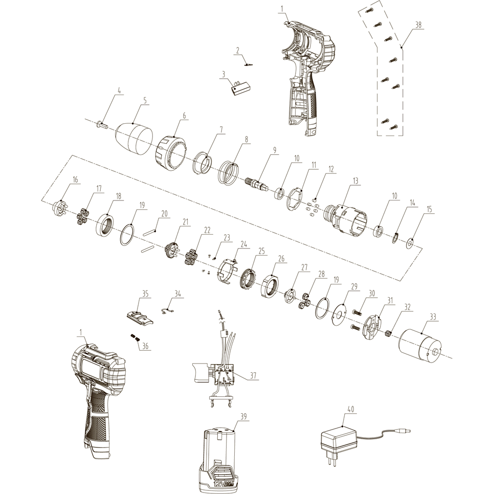 Дрель-шуруповерт, 2 АКБ (2 Ач), в кейсе CD-120-2